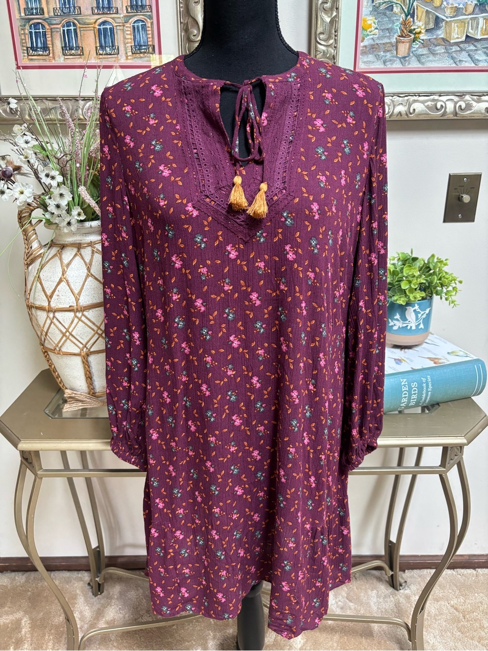 Matilda Jane Burgundy Floral Long Sleeve Tunic with Tassels Boho Prairie Dress